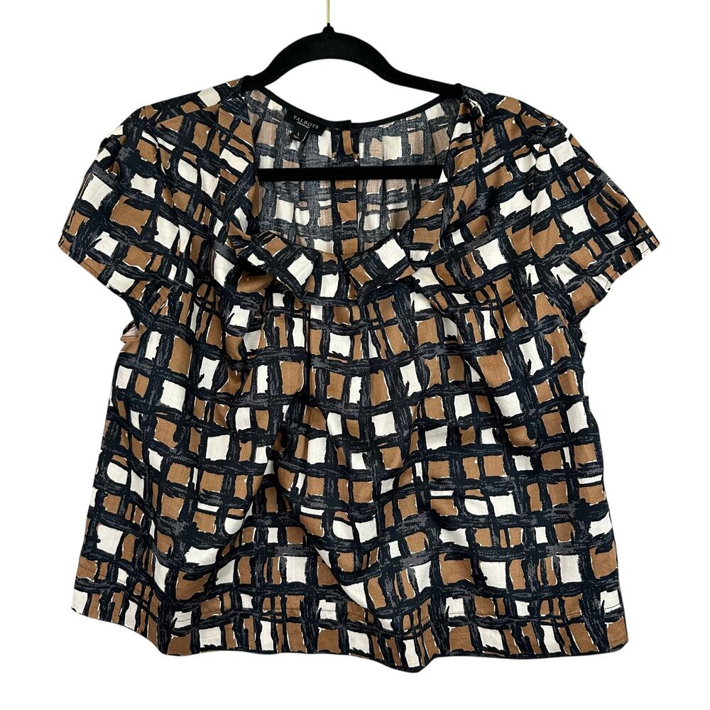 Talbots Geometric Blouse Women's Size L Button Back Black Brown Cream Cap Sleeve